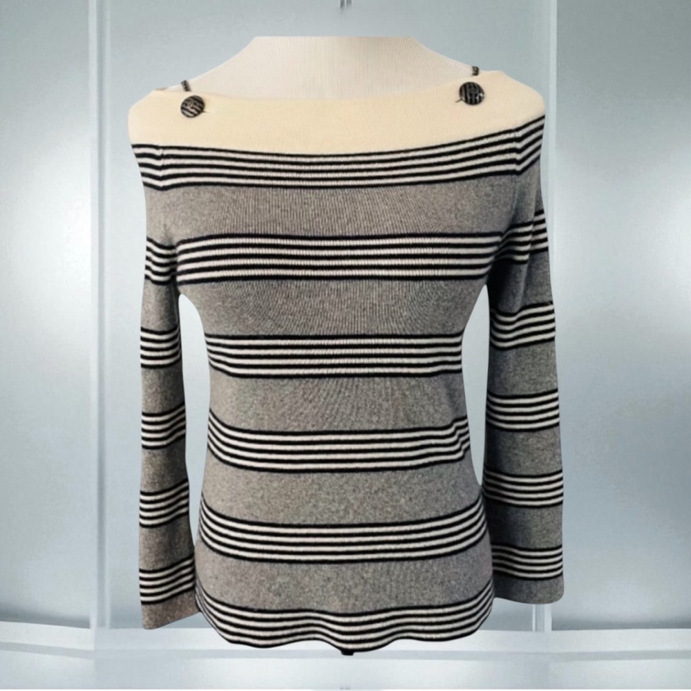 CHANEL 100% CASHMERE STRIPPED BATEAU NECK CHAIN BUTTON SWEATER SIZE 36 - Picture 3 of 14
